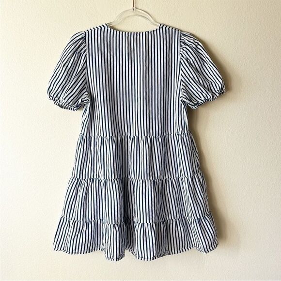 Zara Cotton Linen V Neck Striped Tiered Mini Dress - Picture 6 of 10